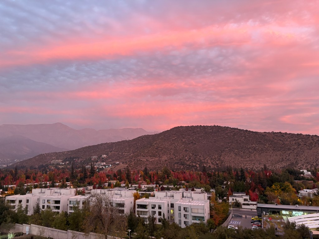 A scenic view of a hillside with autumn-colored trees, white residential buildings in the foreground, and a gradient pink and orange sky at sunset.