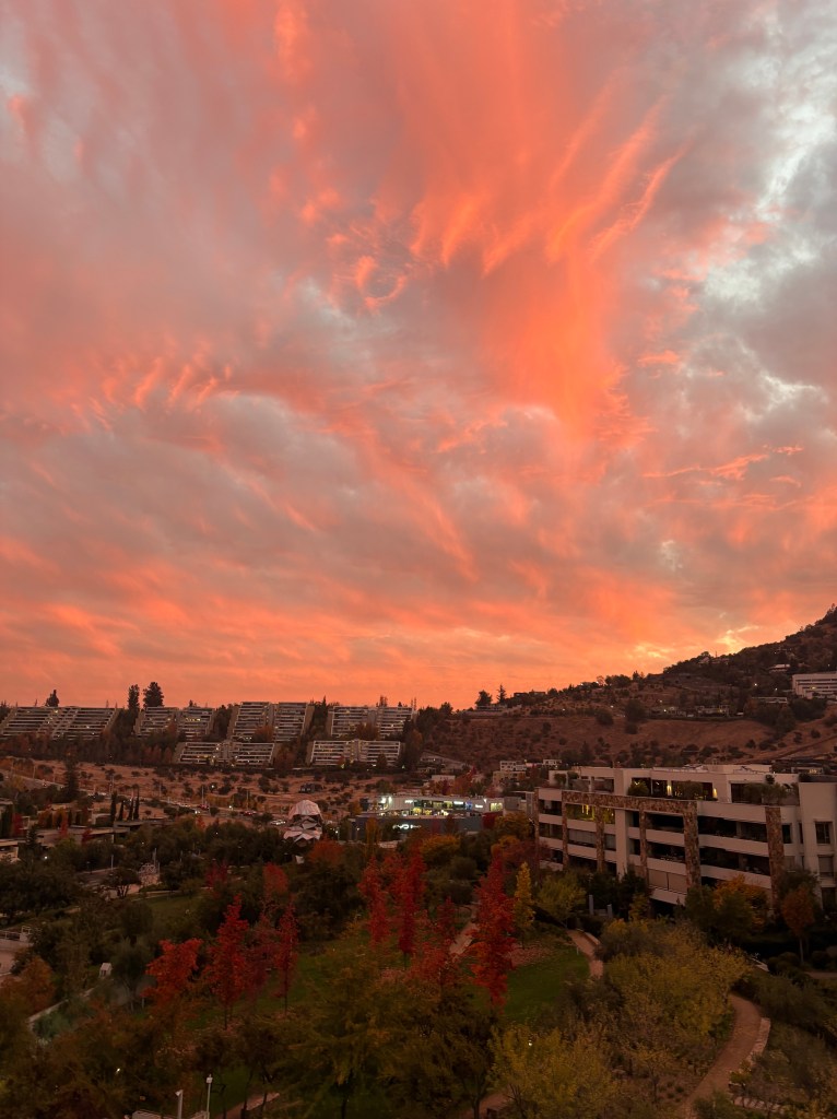 Vibrant sunset with pink and orange hues illuminating the sky above a valley, featuring buildings and colorful trees in the foreground.